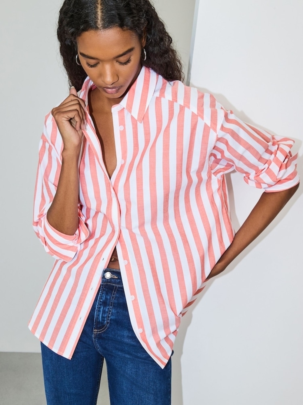 Women's Coral & White Striped Button-Down Shirt